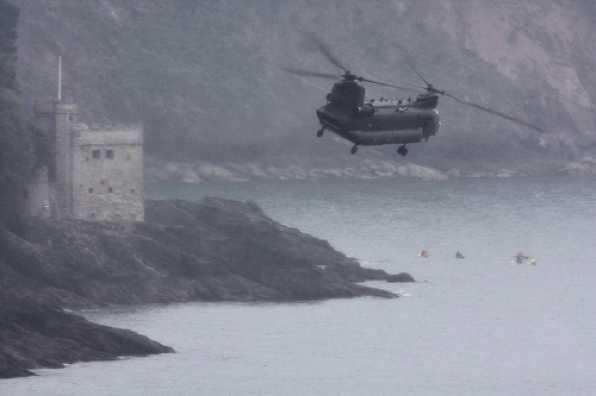 10 June 2020 - 16-32-38 
Then out the end of the river. Making a point of missing the kayakers. And off down the coast westwards.
--------------------------
From RAF Odiham - Chinook ZH775 in the mist